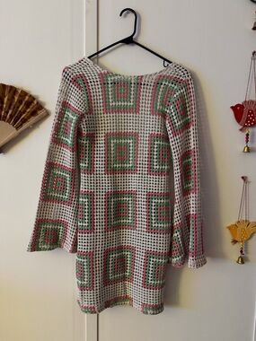 Crochet Square Pattern Coverup Dress - White with Pink & Green